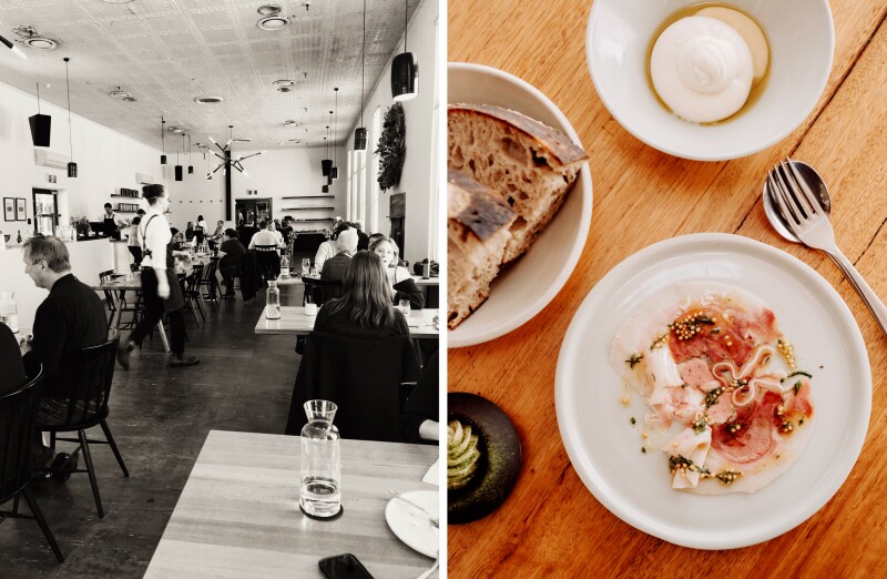 Black-and-white photo of people in small dining room (L); overhead view of three white plates of food on wooden table (R)