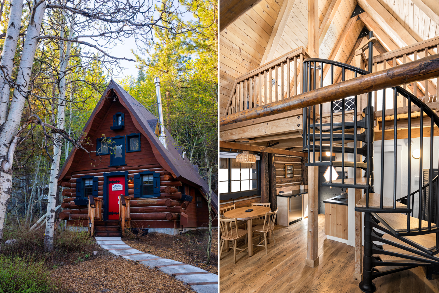 Exterior of two-story log cabin with red door (left); interior of cabin at Destination Hotel Hope Valley, with spiral staircase (right)