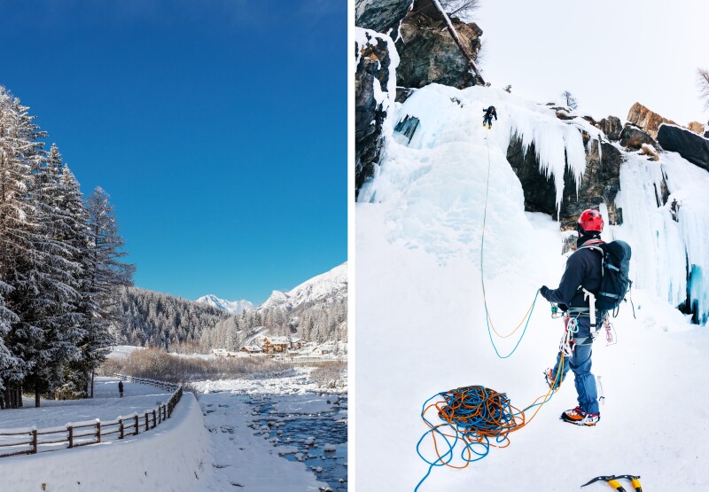 Along shore of icy river (L); climber belays the leader during ice climbing at Lillaz Icefall
