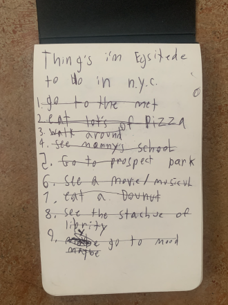 Maya's handwritten itinerary for NYC, which includes going to the Met, eating lots of pizza, and eating a doughnut