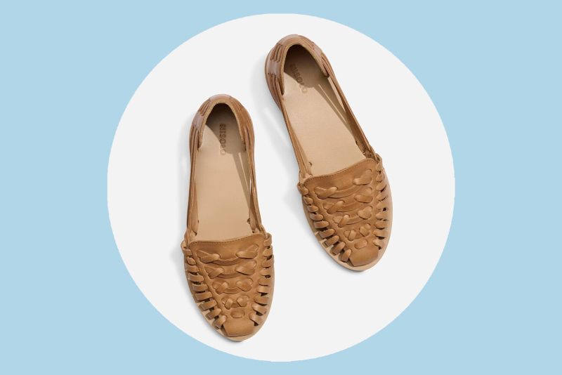 A pair of tan woven huarache shoes