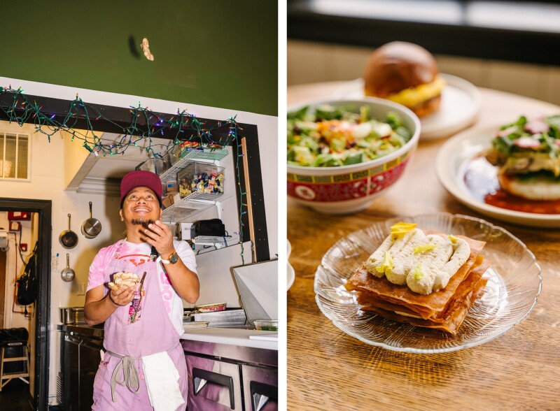 Chef Nikko Cagalanan tossing item overhead (L); a few plates of food at Kultura Filipino restaurant