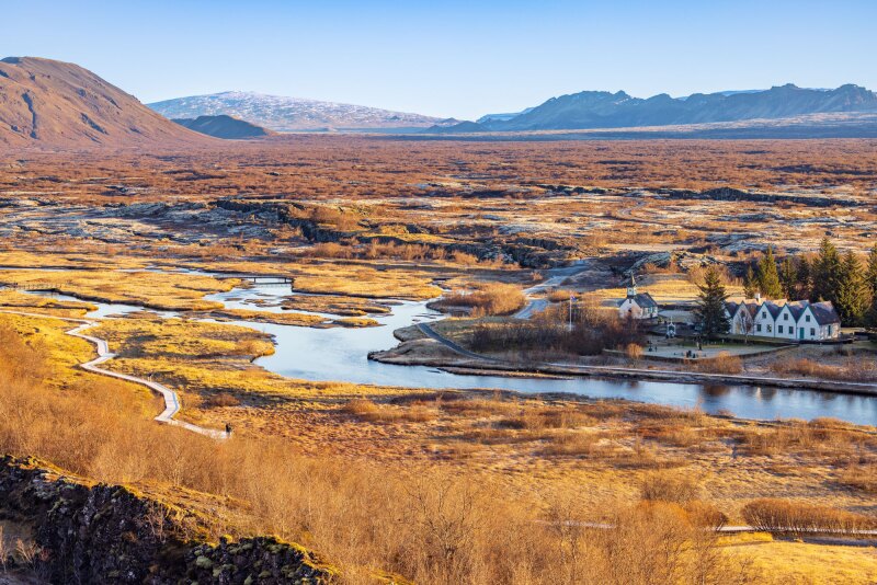 Selfoss, Iceland; high angle view from the platform of Almannagjá Fissure Trail