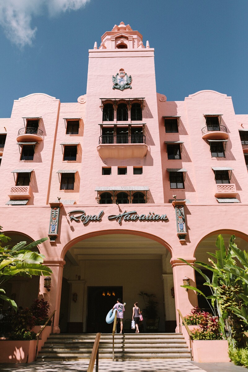 Exterior of entry to the pink Royal Hawaiian hotel