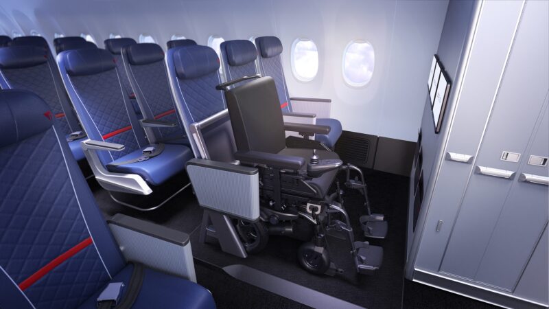 A mockup of a Delta seat that converts into a space that allows a wheelchair to fit into the seat area