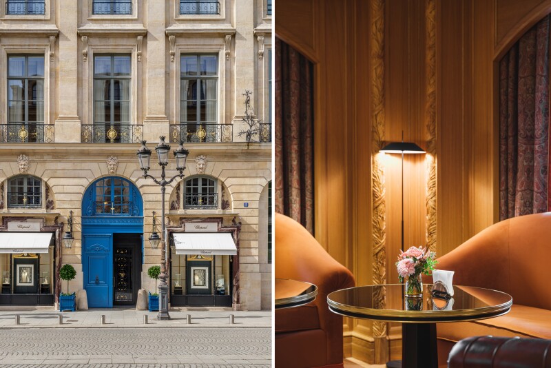 The exterior of 1 Place Vendôme is characterized by a blue door with a rounded archway. The pictured seating area features a round table with wingback chairs.
