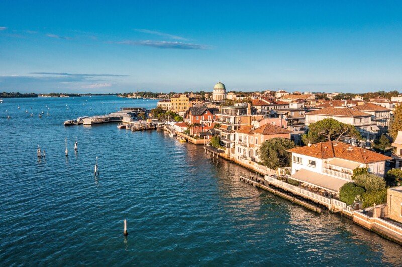 Aerial view of the Lido de Venezia island in Venice, Italy, the island between Venice and te hAdriatic sea.