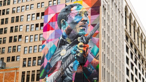 Chicago, Illinois - United States - December 24th, 2024: Downtown mural “Muddy Waters Mural” by artist Eduardo Kobra in Chicago, Illinois, USA.