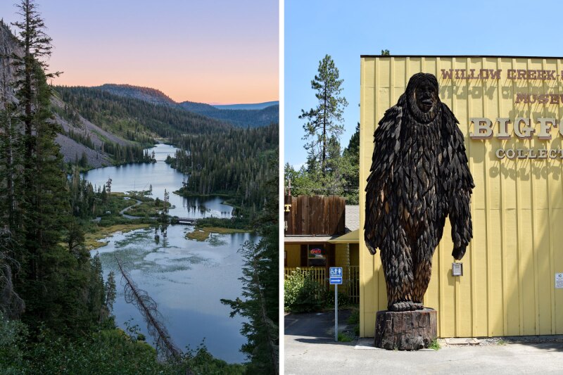 Twin Lakes Overlook at Mammoth Lakes (L); large outdoor statue of Bigfoot (R)