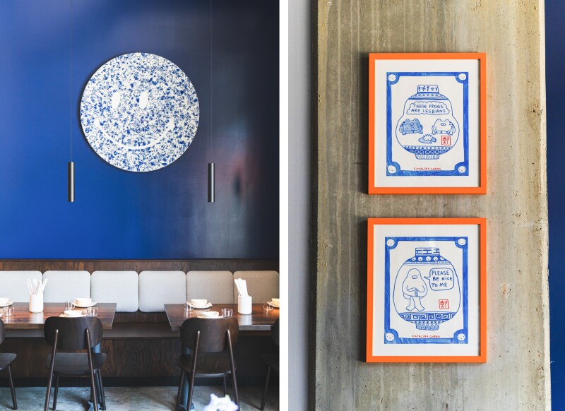 Round blue and white smiley face platter on blue wall (L); two small framed blue and white drawings at Beautiful South (R)