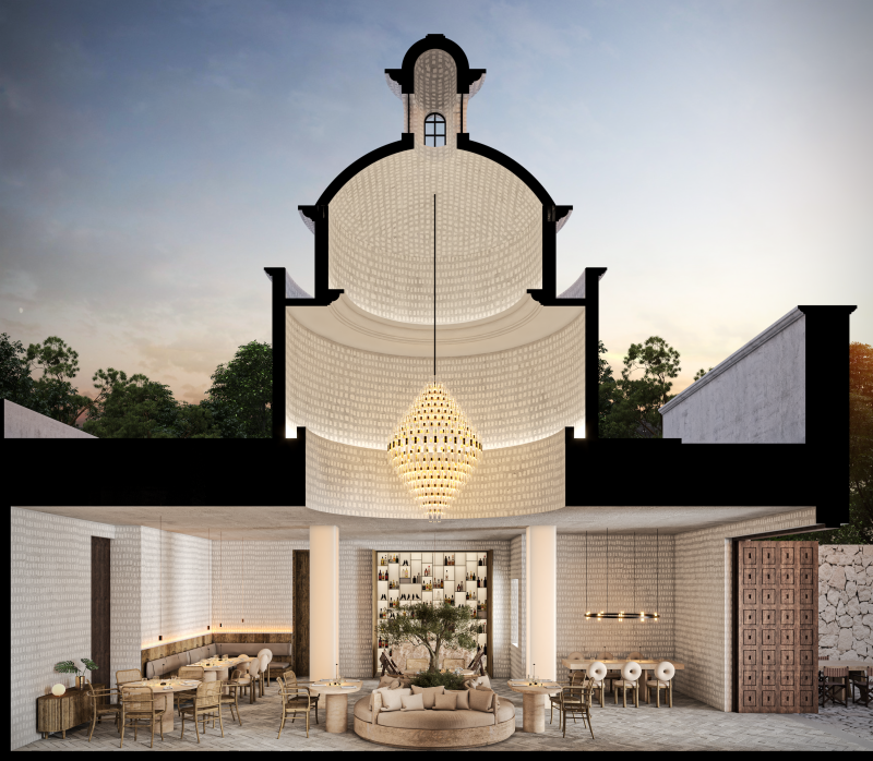 A public area of the all-inclusive Kimpton Tres Rios, designed to look like the cutout of a church tower, with several different seating areas below