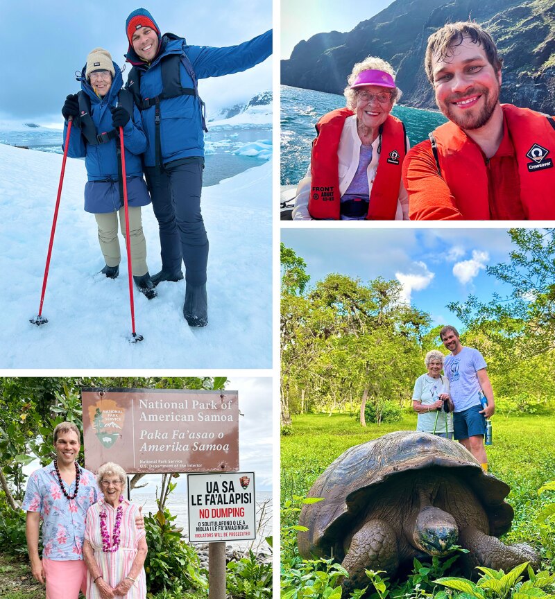 Grandma Joy and Brad in four different outdoor locations