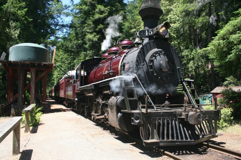 A front view of the red and black Skunk train in Fort Bragg