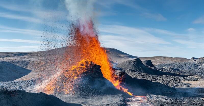 Lava spewing from an active volcano in Iceland