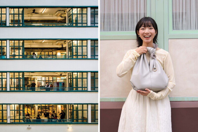 Exterior of design hub and shopping plaza PMQ, inside former housing block, with many windows (L); smiling model holds pale blue-gray "Boey" bag from RBRK