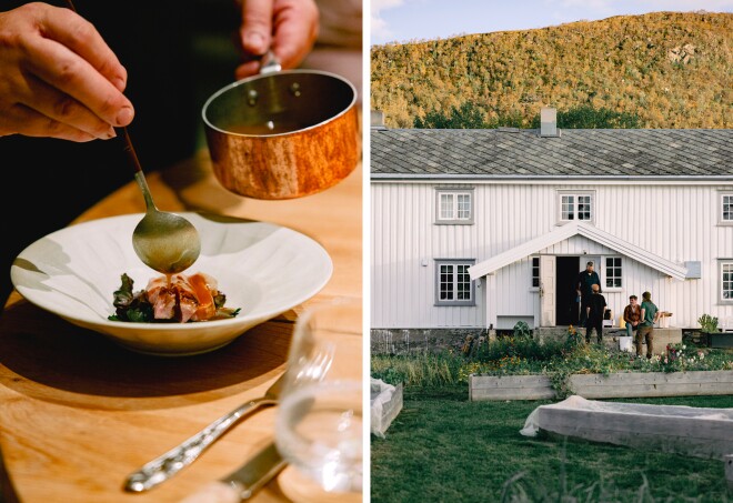 Restaurant employees working in a garden in front of a historic farmhouse restaurant in Norway