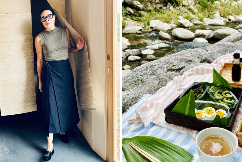 Left: Prairie Stuart-Wolff, wearing dark-rimmed glasses, and brown-gray tank, and a dark-blue skirt, walks through a doorway. Right: A spread of food at a picnic besides a creek