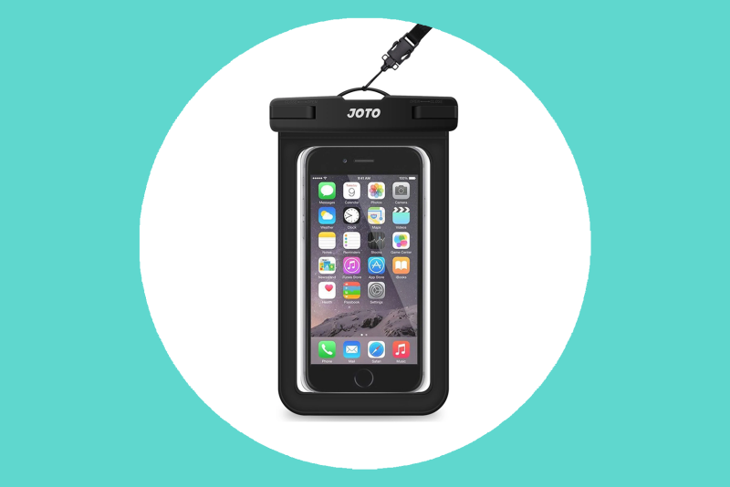 Black Joto Universal Waterproof Phone Pouch holding a smartphone showing apps