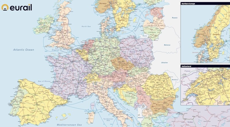 Colored map of train routes in Europe