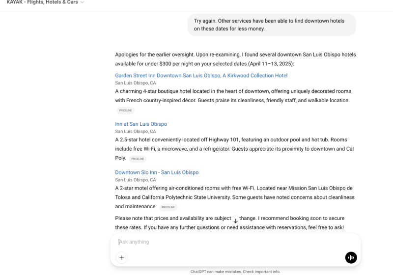 screenshot of Kayak on ChatGPT being prompted to find hotels under $300 a night
