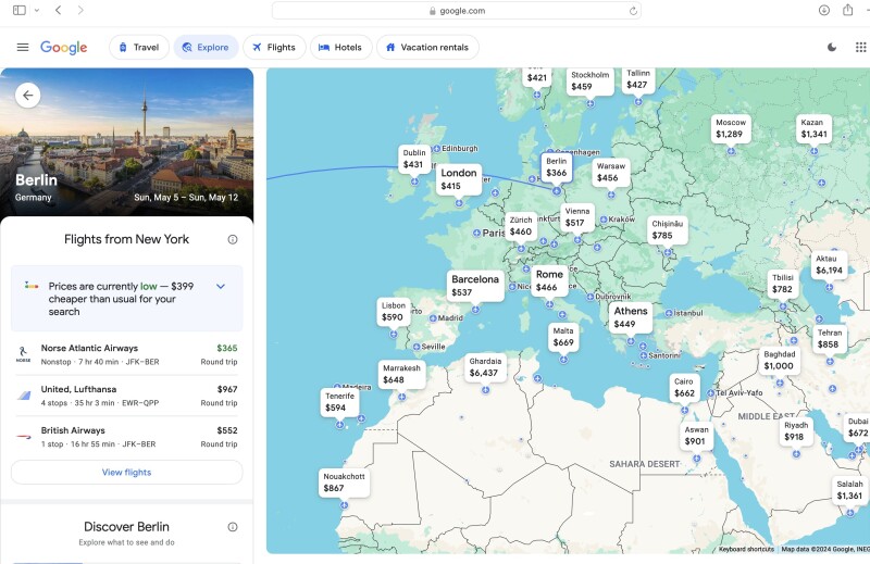 A screenshot of a Google Flights map showing options for a one-week trip over the next six months from NYC to Europe