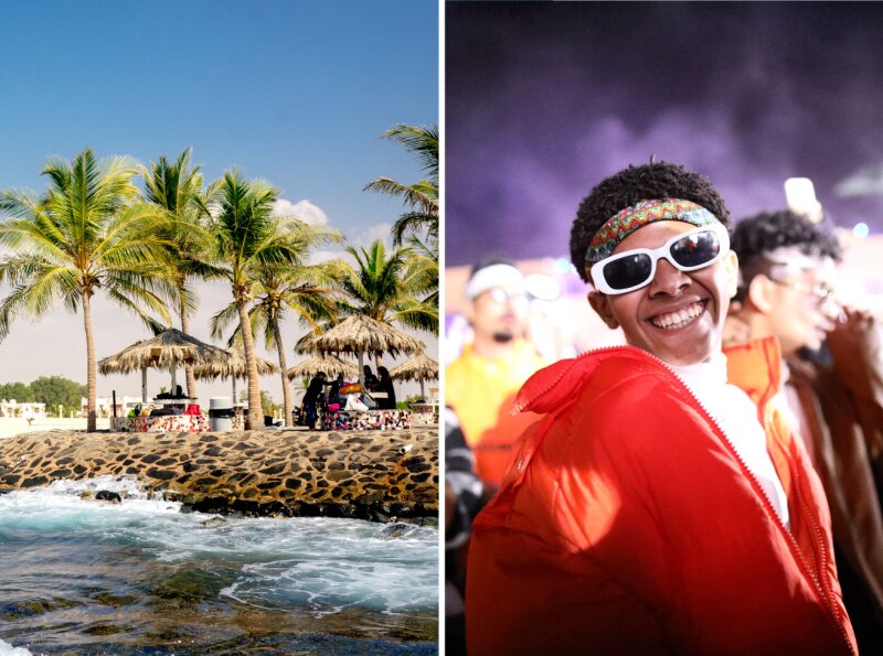 Two photos: one of a Saudi Arabian beachside hangout and another of a man in sunglasses smiling at the camera