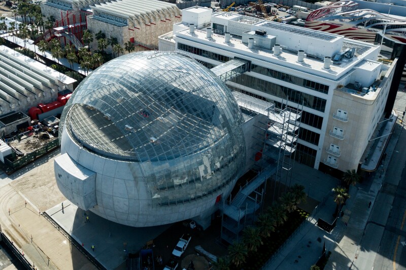 Aerial view of the Academy Museum of Motion Pictures and its attached spherical theater building in Los Angeles
