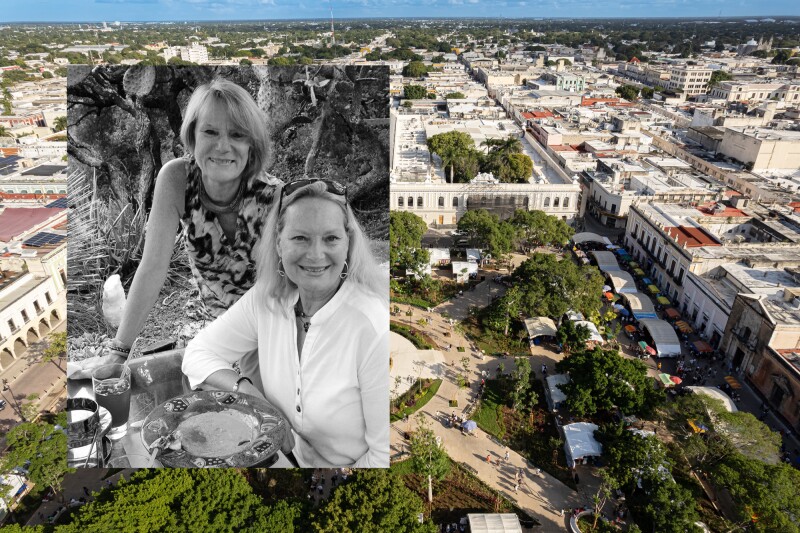 Black-and-white photo of two women (L inset); aerial view of plaza with green trees in Mérida (R)