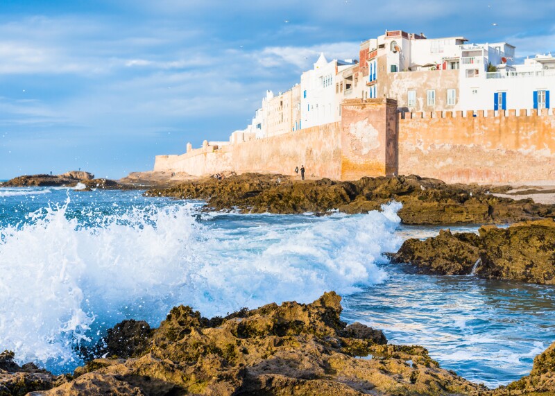 Waves breaking against Essaouira’s walled medina (formerly known as Mogador), a UNESCO World Heritage site