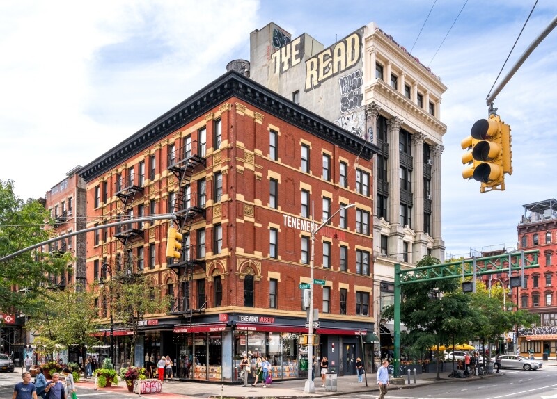 Corner view of exterior of the red-brick Tenement Museum on the Lower East Side