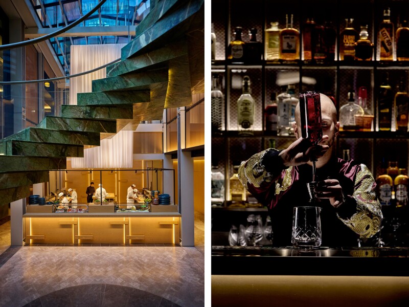 Floating spiral staircase leading down to the Akira Back Sushi Counter (L); bartender pouring a drink (R)