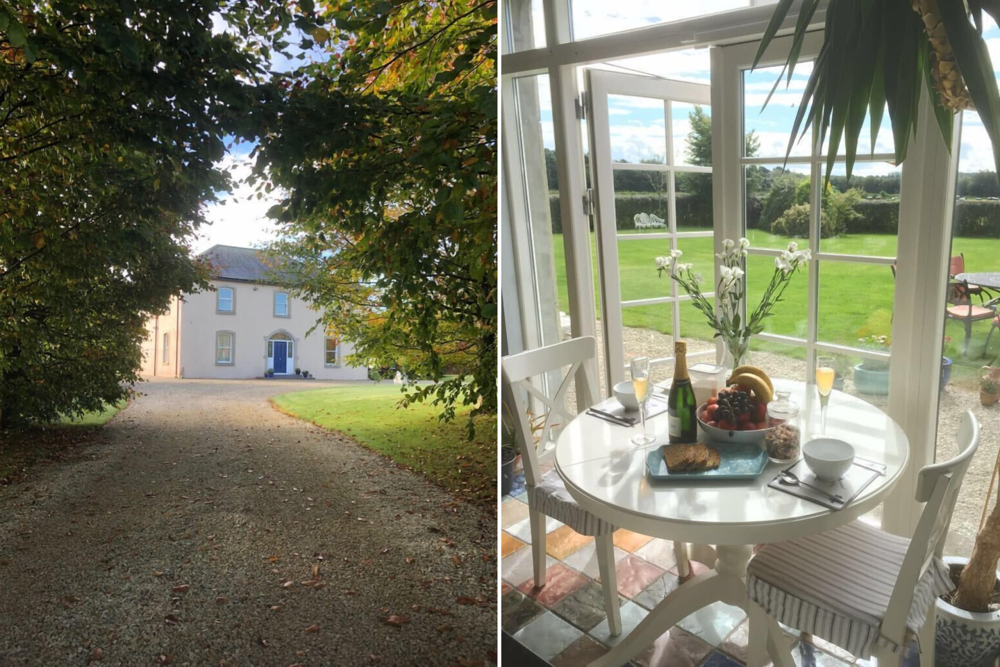 نمای بیرونی خانه گرجی در انتهای مسیر با درختان (L)؛ میز گرد کوچک و سفید و دو صندلی در گوشه صبحانه خانه در کنار درهای شیشه ای که به باغ باز می شوند (R)