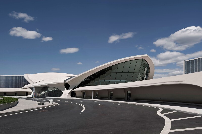 The exterior of the soon-to-open TWA Hotel at JFK Airport