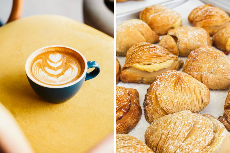 Coffee in green cup with design in foam (L); rtray of sfogliatella, filled with ricotta cheese