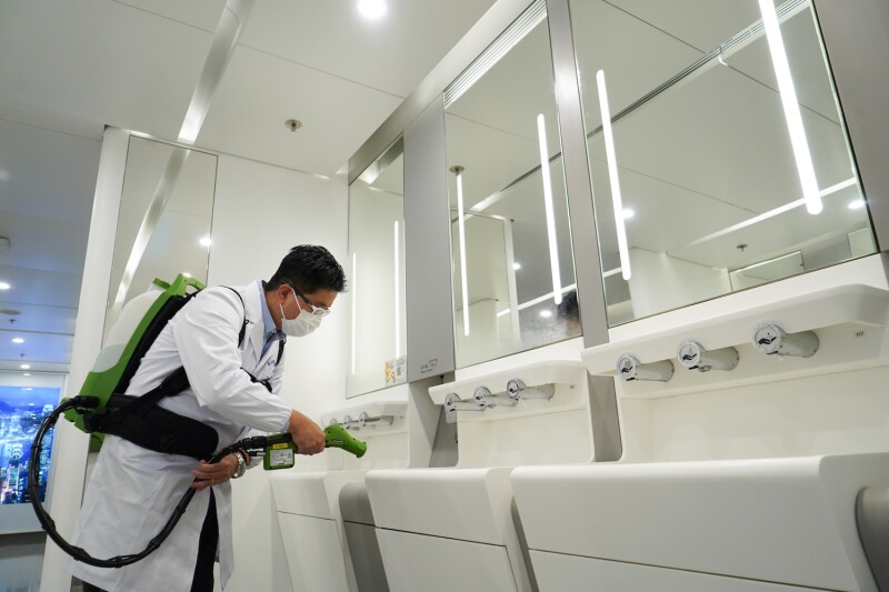An antimicrobial spray is being applied throughout the airport.