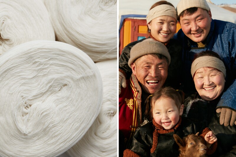 Left: Skeins of undyed wool yarn; Right: A family of laughing of goat herders.