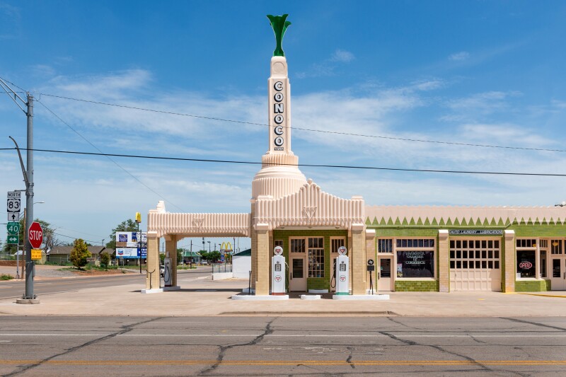 Shamrock, Texas, USA - July 8, 2014: The beautiful art deco building that was the U-Drop Inn Gas Station, along the historic Route 66, USA