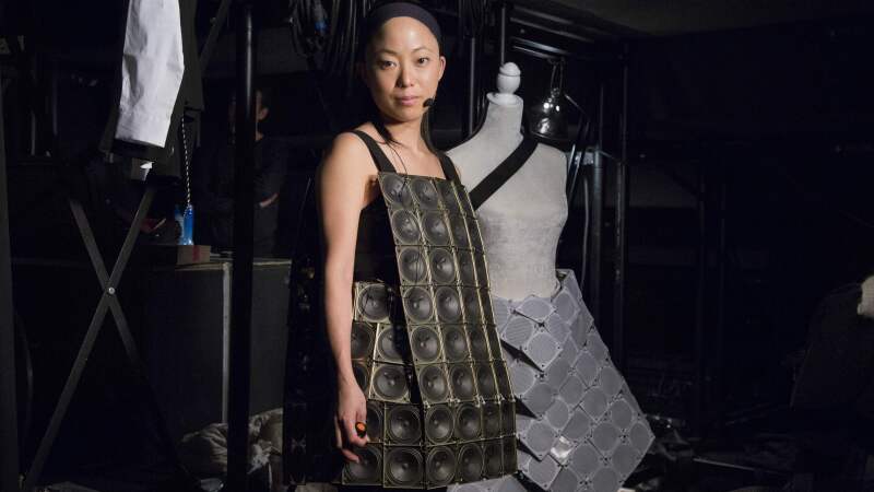 Peruvian composer Pauchi Sasaki is Philip Glass’s protégée. She’s pictured here in “Speaker Dress,” a wearable sound sculpture.