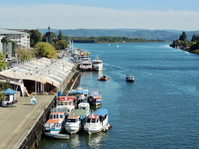 Boats docked alongside The Mercado Fluvial in Valdivia in Chile.