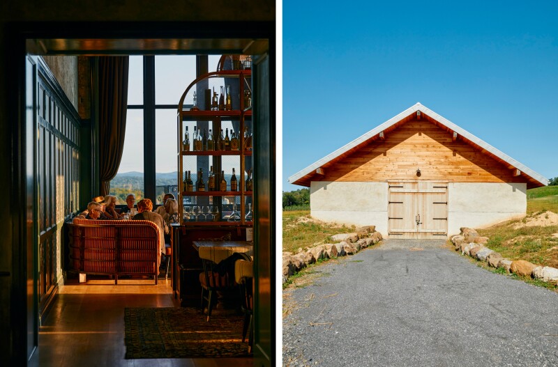 A few people in dark dining room, with tall stand of bar bottles at right, Klocke Estate (L); wide gray gravel path leading to post-and-beam storage barn where brandy ages (R)