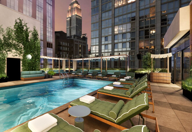Viceroy Park Avenue rooftop pool rendering surrounded by green lounge chairs