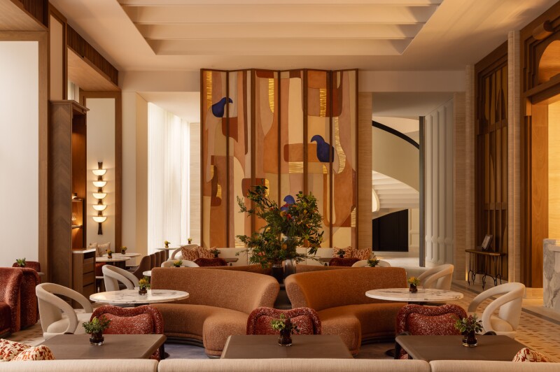 Plume at Capella Taipei has banquette seating and colorful walls.