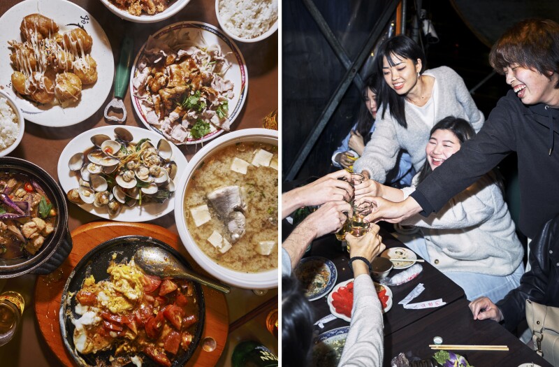 Left: a spread of rechao dishes. Right: a group of dining students toast each other.