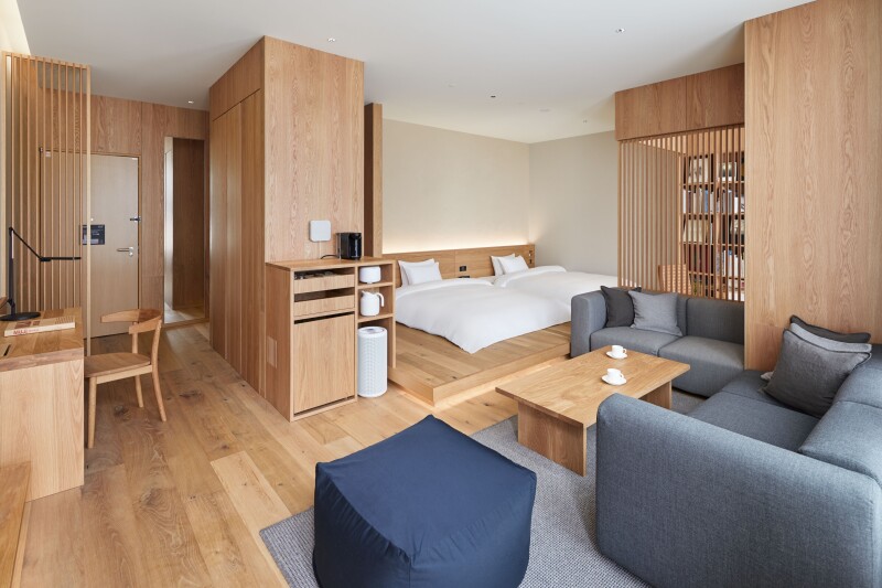 Interior of a guest room at the Muji Hotel Ginza