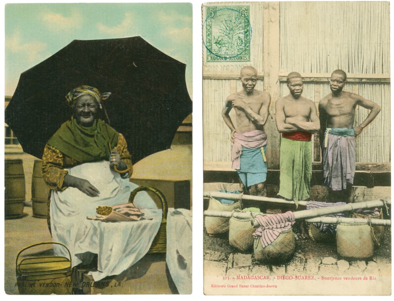 From left: praline vendor, New Orleans, date unknown; Bourjanes rice sellers, Madagascar, mailed 1908