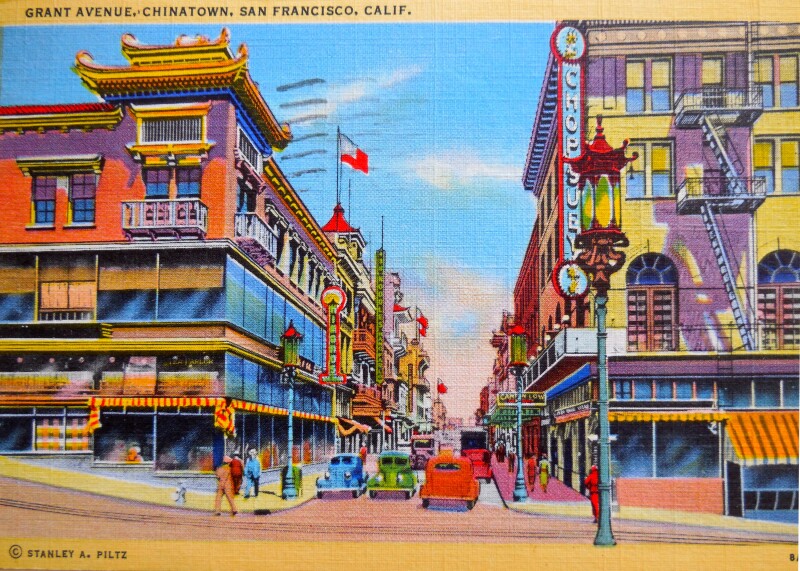 Colored illustraiton postcard of Grant Avenue in San Francisco's Chinatown, with1930s-40s cars