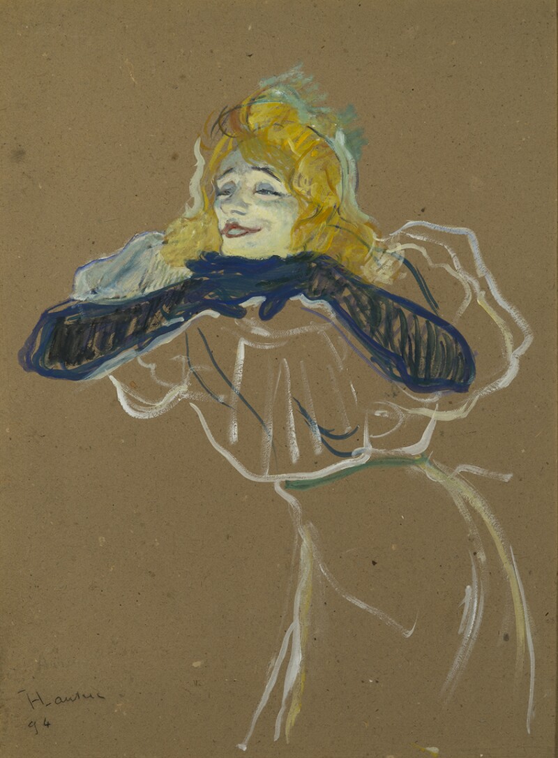 Toulouse-Lautrec’s 1894 depiction of cabaret singer Yvette Guilbert, titled “Linger, Longer, Loo,” is one of approximately 200 paintings, posters, and lithographs by the artist on display at the Grand Palais retrospective.