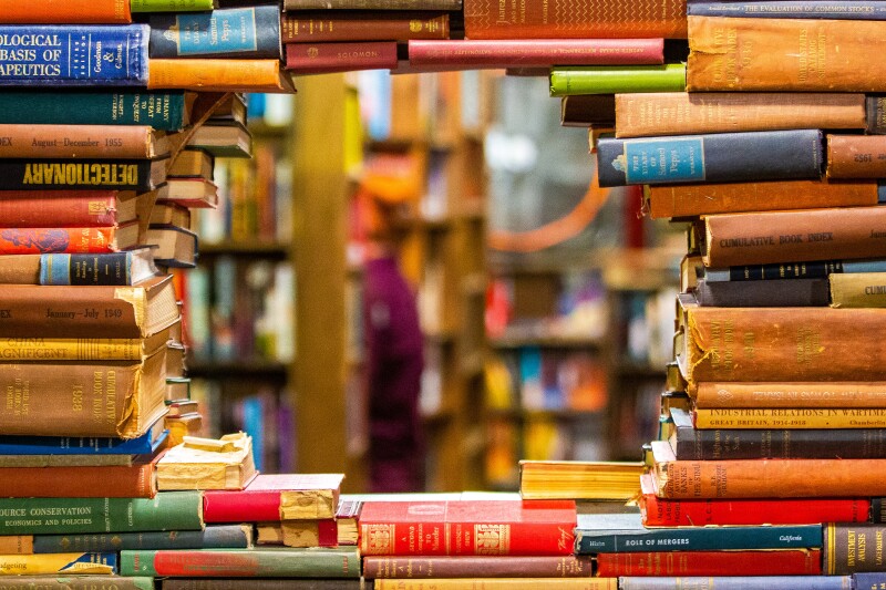 A "window" made of books at the Last Bookstore