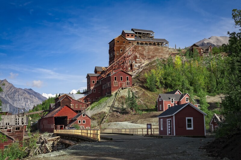 Reddish brown buildings on a hillside
