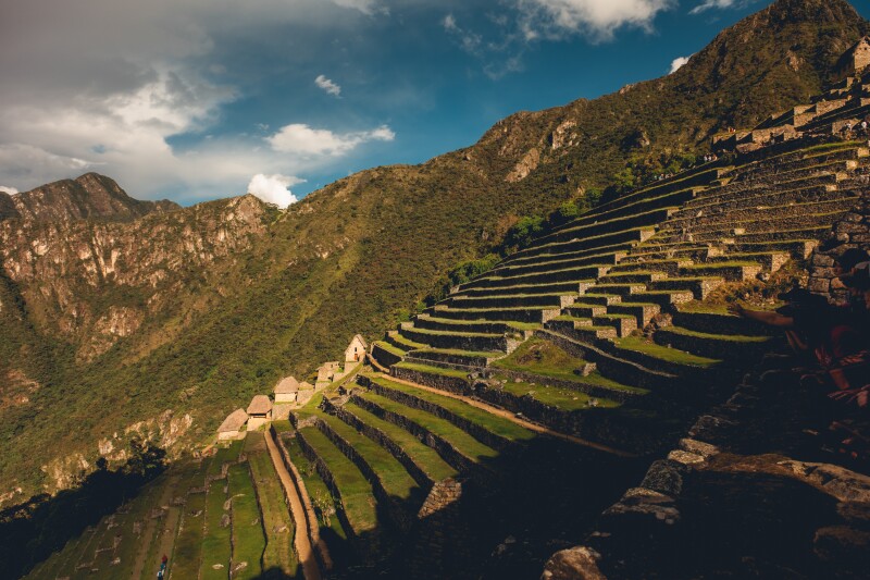 Side view of a dozen steep terraces at Machu Picchu